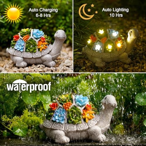 Nacome Solar Garden Outdoor Statues Turtle with Succulent and 7 LED Lights - Lawn Decor Tortoise Statue for Patio, Balcony, Yard Ornament - Unique Housewarming Gifts