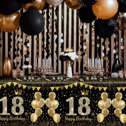 41Pcs 18th Birthday Decorations for Boy Girls, Black Gold 18 Year Old Happy Birthday Girl Decorations include Plates Napkins Tablecloth for Official Teenager 18th Birth Party