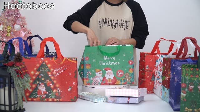 Heetobcos 12 Pack Christmas Gift Bags Large Reusable Tote Bags, Non-Wove Bags for New Year's Shopping, Christmas Surprise, Xmas Party Supplies,12.8"×9.8"×6.7"
