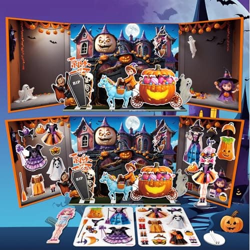 Halloween Magnetic Dress Up Dolls for Kids, Spooky Witch & Pumpkin Fairy Costume Dress Up Set with 3D Haunted House Scene, Travel Activity Toy Gift for Toddler Girls & Boys Ages 3 4 5 6 7