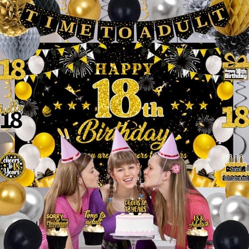 18th Birthday Decorations for Boys Girls, Black Gold Happy 18th Birthday Party Decorations, Time To Adult Birthday Banner, Backdrop, Balloons, Hanging Swirls, BIrthday Cards, Cake Topper, Pompom 52pcs