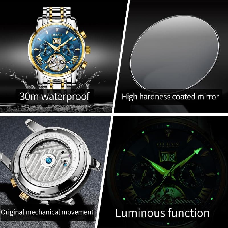 OLEVS Men Automatic Watch Stainless Steel Skeleton Mechanical Date Calendar Luxury Classic Business Waterproof Luminous Wrist Watches