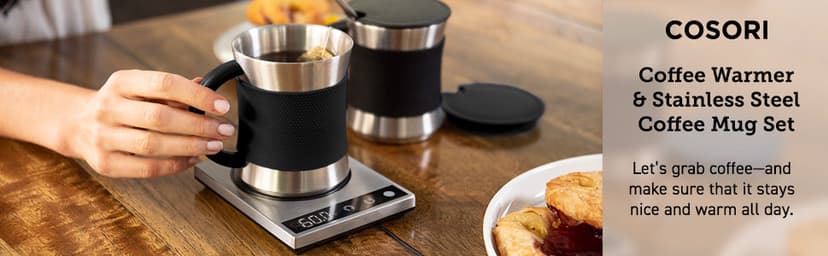 COSORI Coffee Mug Warmer & Mug Set for Desk, Cup Heater, Office & Christmas Gifts, 1°F Precise Temperature Control, Touch Tech & LCD Digital Display (77-194℉), 304 Stainless Steel, Silver/Black