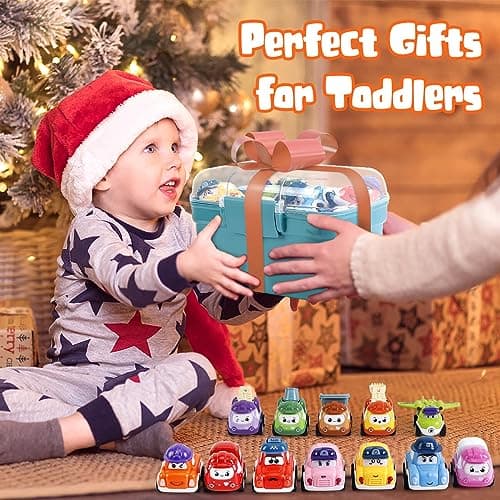 Mini Car Toys for 1 Year Old Boy Gifts, 12 Sets Pull-Back Trucks with Playmat/Storage Box for Toddlers Age 1-2, Baby Toys 12-18 Months, 1st Christmas Birthday Gifts for One Year Olds