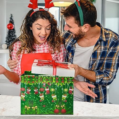 Heetobcos 12 Pack Christmas Gift Bags Large Reusable Tote Bags, Non-Wove Bags for New Year's Shopping, Christmas Surprise, Xmas Party Supplies,12.8"×9.8"×6.7"