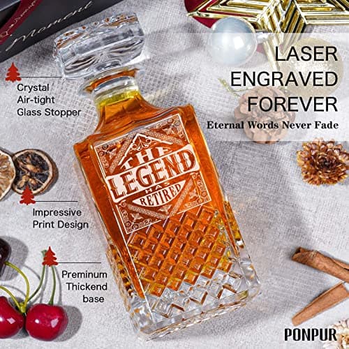 PONPUR The Legend Has Retired 2025 Retirement Gifts for Men Women Stocking Stuffers, Whiskey Decanter Gift Set with 2 Whisky Glasses, Best Christmas Birthday Presents for Dad Coworkers Teacher