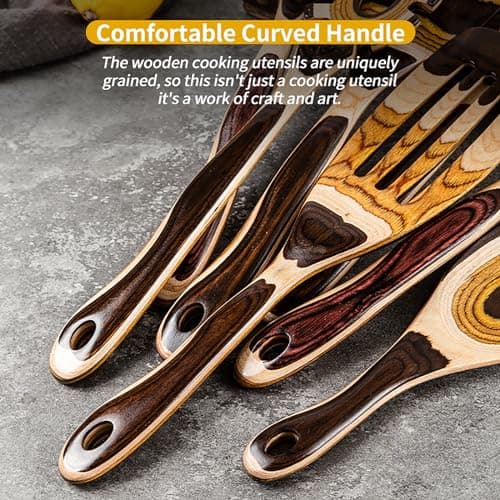Gudamaye 7-Piece Brown Pakkawood Utensils Set – Sturdy, Eco-Friendly, Wooden Spoons for cooking, Wooden Utensil for cooking, Wooden Kitchen Tool, Home & Kitchen Gifts for Men and Women