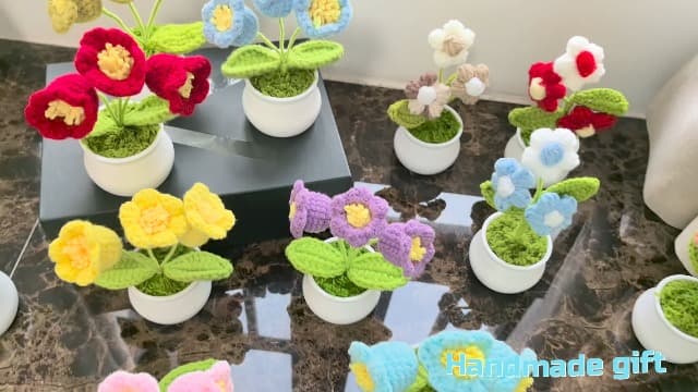 LAIDANLA Crochet Flower Potted, Pink Small Handmade Knitted Flowers Lilly of The Valley for Desk, Christmas Appreciation Birthday Gifts for Women Mom Sister Grandma Coworker Friend Teacher