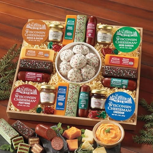 The Wisconsin Cheeseman 21 Favorites Food Gift Box with Assorted Summer Sausage Meats & Cheese Bricks w/Meat and Cheese Combo Featuring Italian, Original and Garlic Summer Sausage