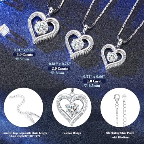 Moissanite Heart Necklaces for Women, 1-3 Carat Moissanite 925 Sterling Silver Necklace, Anniversary Present for Women, Birthday Gifts for Wife, Jewelry Gifts for Christmas, Valentine's Day