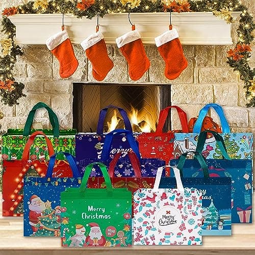 Heetobcos 12 Pack Christmas Gift Bags Large Reusable Tote Bags, Non-Wove Bags for New Year's Shopping, Christmas Surprise, Xmas Party Supplies,12.8"×9.8"×6.7"