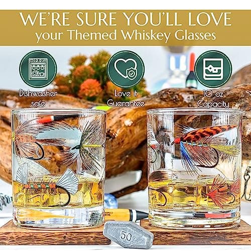 Greenline Goods – Fly Fishing Glass Set for Fisherman and Outdoorsman – Fly Lures Themed 10 oz Whiskey Drinking Glass Set of 2