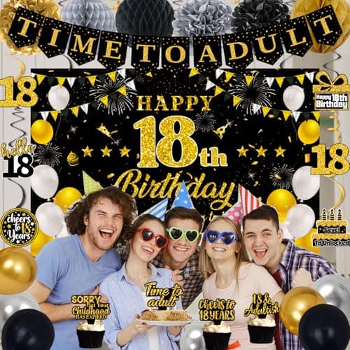 18th Birthday Decorations for Boys Girls, Black Gold Happy 18th Birthday Party Decorations, Time To Adult Birthday Banner, Backdrop, Balloons, Hanging Swirls, BIrthday Cards, Cake Topper, Pompom 52pcs