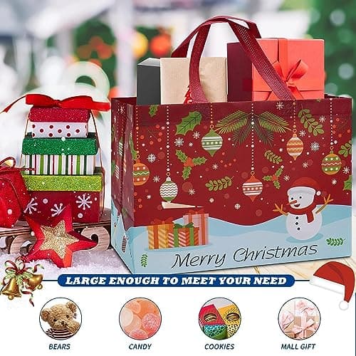 Heetobcos 12 Pack Christmas Gift Bags Large Reusable Tote Bags, Non-Wove Bags for New Year's Shopping, Christmas Surprise, Xmas Party Supplies,12.8"×9.8"×6.7"