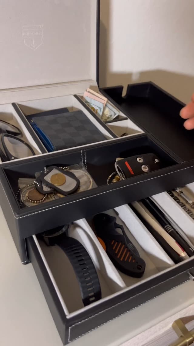 Mens Watch Box Leather Valet Tray - Bedside Table Organizer, Men's Jewelry Box, Watch Case for Men with Large Smartphone Charging Station - Jewelry Box for Men with Valet Box and Nightstand Organizer