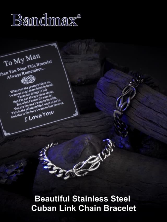 Bandmax Inifinity Love Knot Cuban Link Chain Bracelets for Men Stainless Steel/Black Mens Bracelet with Love Message Card Gift for Son Grandson Husband Father