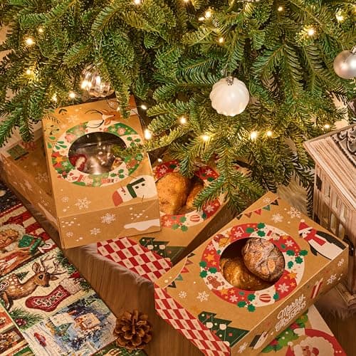 JOYIN 12PCS Christmas Cookie Boxes for Gift Giving, 8.75" x 5.75" x 2.75" Xmas Holiday Bakery Treat Boxes with Window, Kraft Cookie Tin Container Box for Baked Goods, Cupcake, Pastry, Candy, Brownies