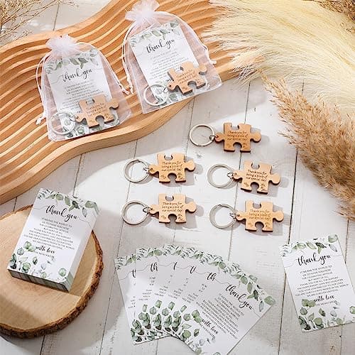 Sintuff 100 Sets Wedding Favors for Guests Rustic Wood Puzzle Keychain Thank You Card Organza Bag Wedding Party Bridal Shower Souvenir