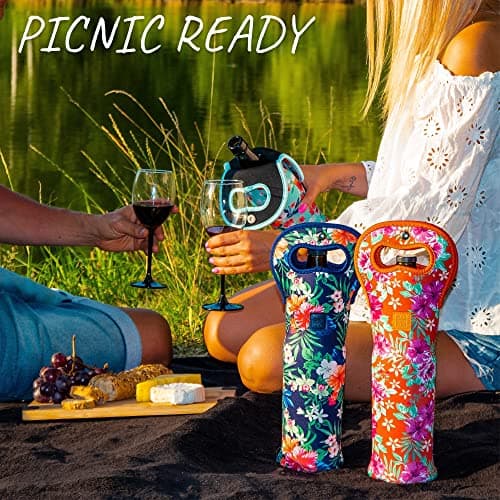 Made Easy Kit Insulated Wine Tote - Neoprene Wine Carrier Bag with Magnetic Handle Clasp - Wine Bottle Protective Travel Bag - Perfect for Gifting Travel or Gift Bag - Set of 3 (Floral Patterns)