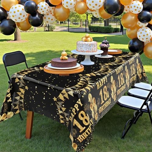 Labeol 3 Pack 18th Birthday Tablecloth, Black and Gold Happy 18th Birthday Decorations, Disposable Plastic Rectangular Table Cover Party Supplies for Boys Girls