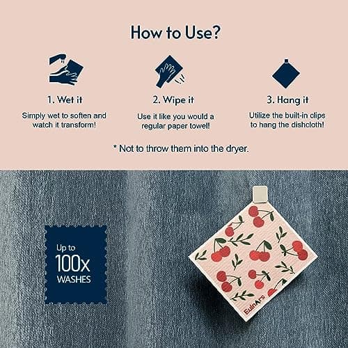 Swedish Dishcloths for Kitchen, 8 Pack Reusable Paper Towels with Clips, Non-Scratch Swedish Kitchen Towels, Super Absorbent Cellulose Sponge Cloths, Dishwasher Safe, No Odor