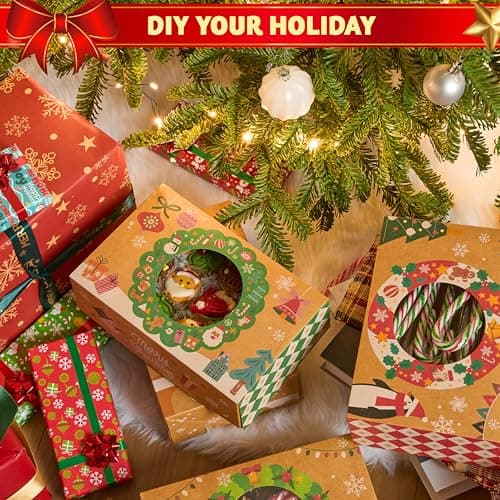 JOYIN 12PCS Christmas Cookie Boxes for Gift Giving, 8.75" x 5.75" x 2.75" Xmas Holiday Bakery Treat Boxes with Window, Kraft Cookie Tin Container Box for Baked Goods, Cupcake, Pastry, Candy, Brownies