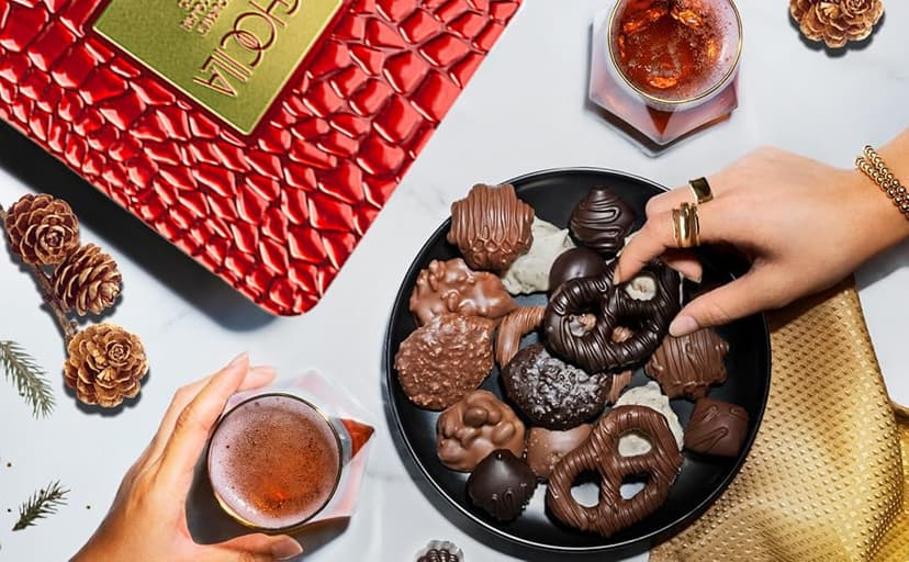 Christmas Chocolate Gift Basket, Gourmet Chocolates Variety Snack Box, Assorted Food Arrangement Platter, Birthday Present, Holiday, Corporate Parties, Sympathy, Candy Gifting Idea, Him, Her, Men, Women, Family (Ruby Red)