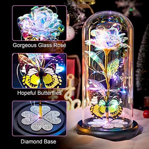 Birthday Gifts for Women Mom, Galaxy Glass Rose Forever Eternal Crystal Flower Light Up Rose in Glass Dome with Butterfly Mothers Day Christmas Rose Gifts for Her Wife Daughter Friends Colorful