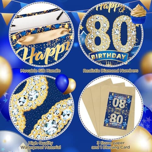 Blue 80th Birthday Gift Bag, Large Navy Blue and Gold Happy 80th Birthday Gift Wrap Bag with Card and 3pcs Tissue Paper for Men Women 80 Years Old Anniversary Party Favors Goodie Wrapping Bag Supplies