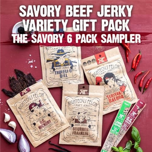 Righteous Felon Savory Beef Jerky Variety Gift Pack - Great Gifts for Men | Gluten Free, High Protein Healthy Snack | Bulk Beef, Pork, & Turkey Jerky Variety Snack Packs | The Savory 6 Pack Sampler
