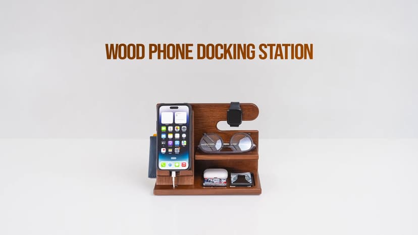 TESLYAR Wood Phone Docking Station for Men - Desktop or Nightstand Organizer - Birthday Gifts for Men, Dad - Anniversary Idea from Wife - Key Holder, Stand Wallet, Watch & Essentials (Bourbon Brown)