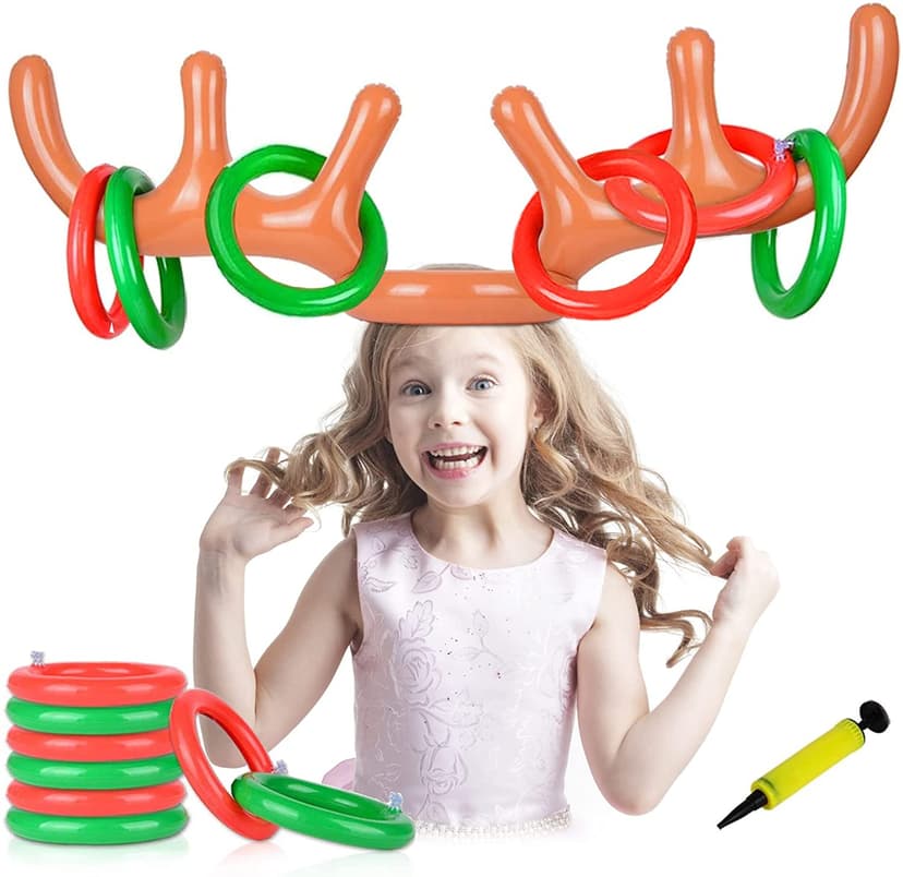 2PCS Christmas Party Toss Game Inflatable Reindeer Antler Hat with Rings for Kids Adults Family Xmas Fun Games(1 Pump，8 Rings, 2 Antlers)