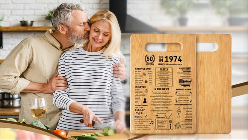 50th Wedding Anniversary Cutting Board Gifts for Women Men Marriage Gifts for Couple 1975 Poster Back In 1975 50th Anniversary Decorations 100% Organic Bamboo Pre Oiled 11"L x 7"W x 0.5"Th