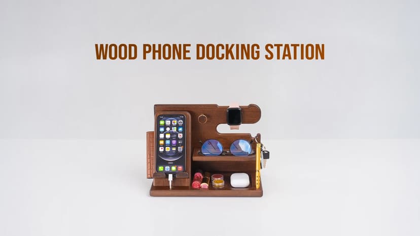 TESLYAR Wood Phone Docking Station for Men - Desk or Nightstand Organizer - Birthday Gifts for Husband, Dad - Anniversary Idea from Wife - Key Holder, Stand Wallet, Watch & Essentials (Bourbon Brown)
