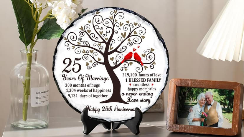 25th Wedding Anniversary Slate Sign – Silver Anniversary Wedding Gifts for Parents, Grandparents or Couple – Elegant 5.9 Inches Plaque – 25 Years of Marriage Celebration Decoration
