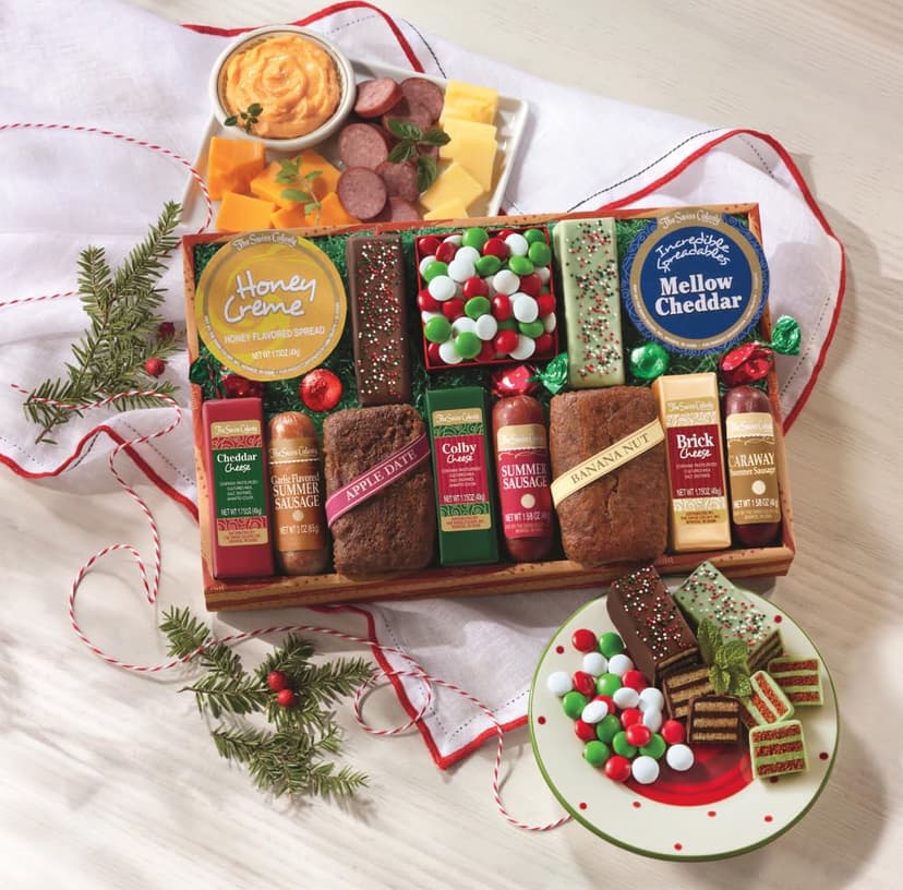 The Swiss Colony Lucky 13 Feast – Holiday Food Gift with Summer Sausages, Cheese Bars, Breads, Mini Tortes & Candies – Gift Basket for Adults, Women, Men – Candy Gift, Meats and Cheeses
