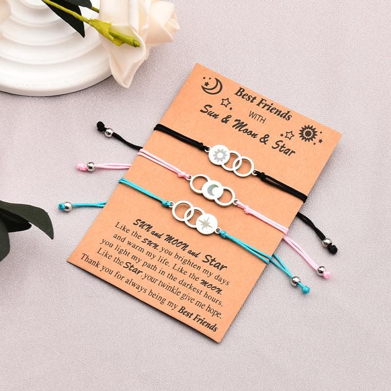 MXXGMYJ Best Friend Bracelets for 3 Colorful Friendship Bracelets Gifts for Women Cute Bestie Birthday Gifts for Her Sun Moon and Star Bracelet Set of 3 Long Distance Best Friends Bracelet Gift Ideas
