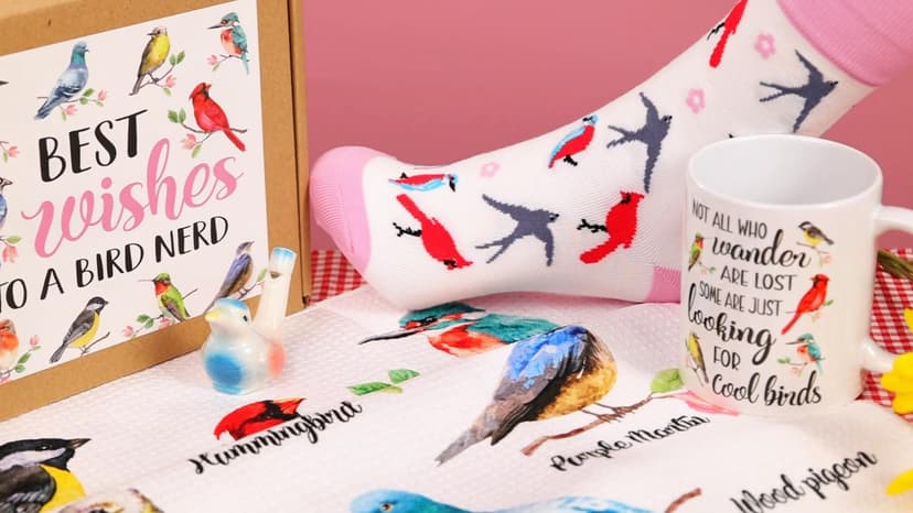 Nefelibata Bird Gifts for Women: 4-in-1 Birds Mug, Socks, Water Whistle, Kitchen Towel - Cardinal, Hummingbird, Kingfisher Birds on Branch