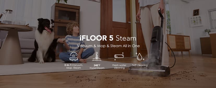 Tineco iFLOOR 5 Steam Wet Dry Vacuum All-in-one, Steam Mop Hardwood Floor Cleaner Great for Sticky Messes, 248℉ High-Temp Steam, Self-Cleaning with steam