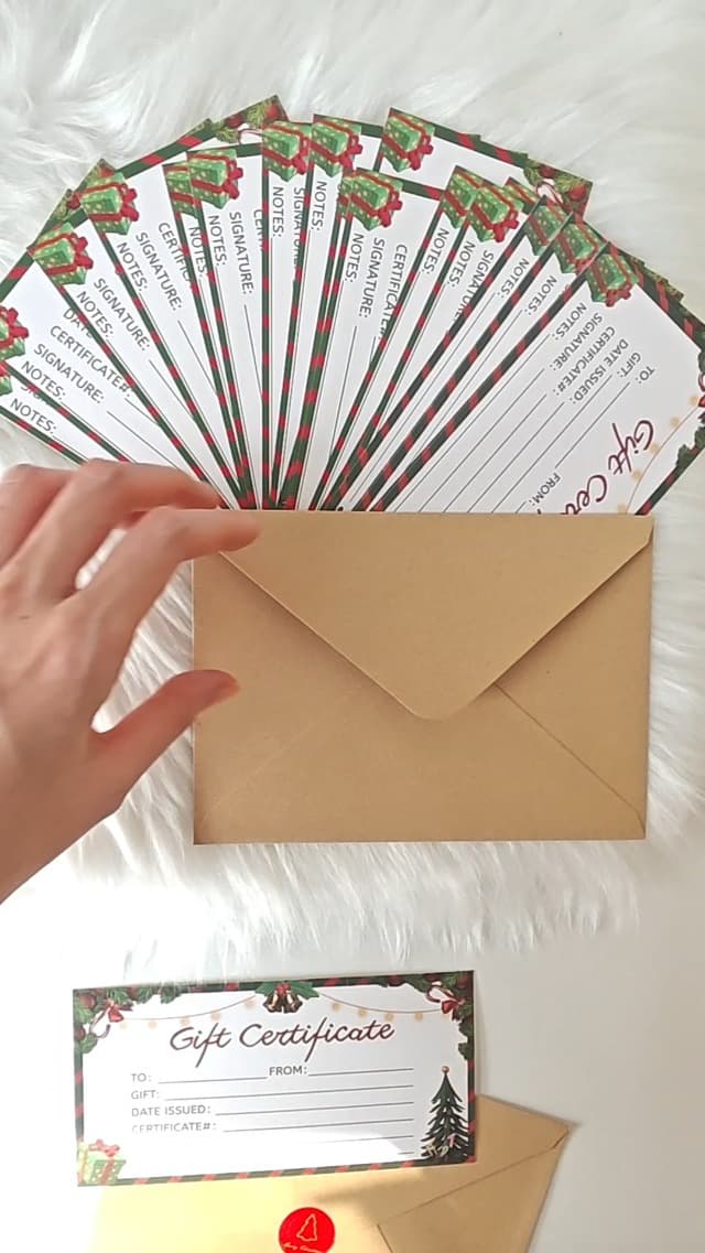 30 Pack Gift Certificates for Business with 30 Kraft Envelopes 30 Stickers for Holiday Christmas Small Business Restaurants Spa Beauty Makeup Hair Salon