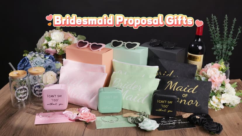 4 Sets Black Bridesmaid Proposal Gifts, Maid of Honor Gift Includes Wedding Gift Box Jewelry Box Makeup Bag Bracelet Foam Flower Invited Card Glasses Cup Hair Tie for Bridal Shower Bachelorette Party