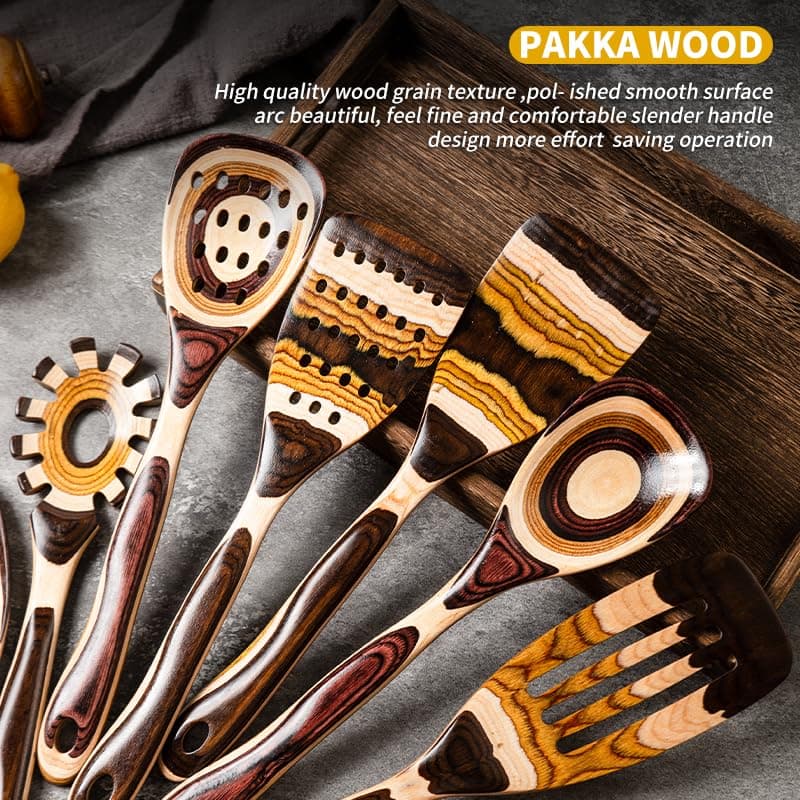 Gudamaye 7-Piece Brown Pakkawood Utensils Set – Sturdy, Eco-Friendly, Wooden Spoons for cooking, Wooden Utensil for cooking, Wooden Kitchen Tool, Home & Kitchen Gifts for Men and Women
