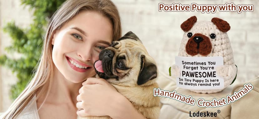 Positive Crochet Animals Puppy for Mom Women Friend Birthday, Emotional Inspirational Support Presents for Pet Lover Dog Mom Dad, Cute Handmade Tiny Pug Plush Doll