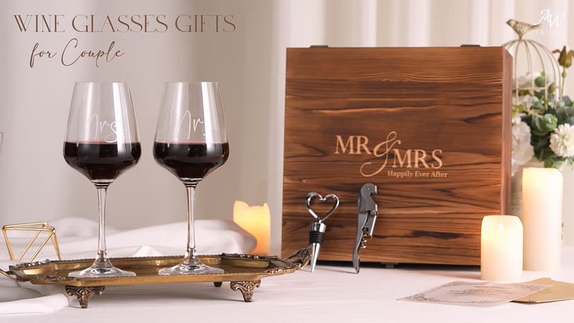 AW BRIDAL Wedding Gifts Bridal Shower Gifts Engagement Gift for Couples Newlyweds Mr & Mrs Wedding Wine Glasses Set of 2 - Wine Opener Wine Stopper with Engraved Wooden Keepsake Box