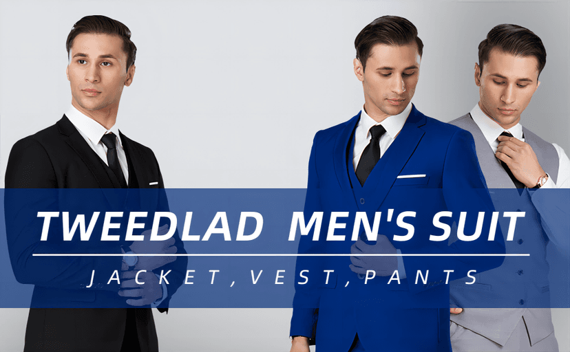 Men's Suit 3 Piece Slim Fit Suit Set, Two Button Solid Jacket Vest Pants with Tie, Men Tuxedo Suit Set