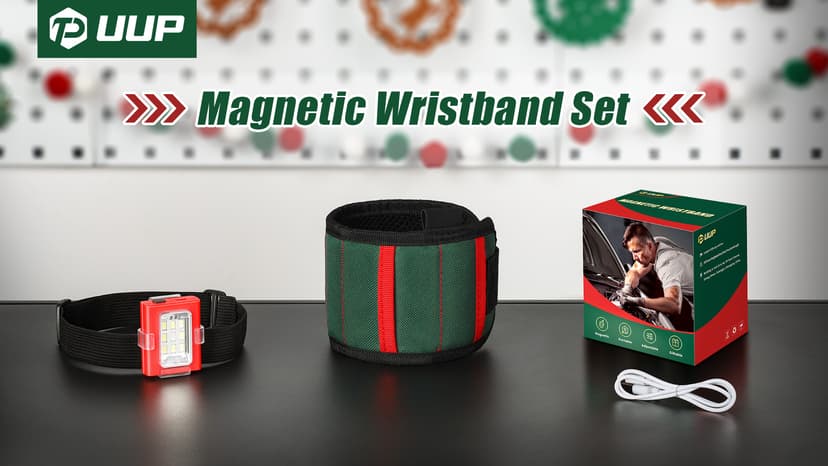 Magnetic Wristband with LED Light, Stocking Stuffers for Men, Christmas Gifts for Men, Dad, Him, Mechanics, Woodworker, Handyman, Magnet Tool Belt Wrist Band, Adjustable Wrist Screws Holder