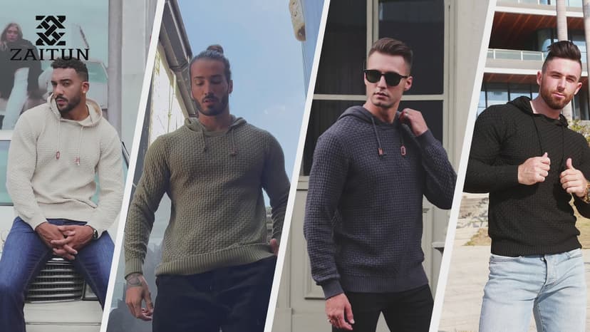Zaitun Mens Hooded Sweatshirt Long Sleeve Solid Knitted Hoodie Pullover Sweater