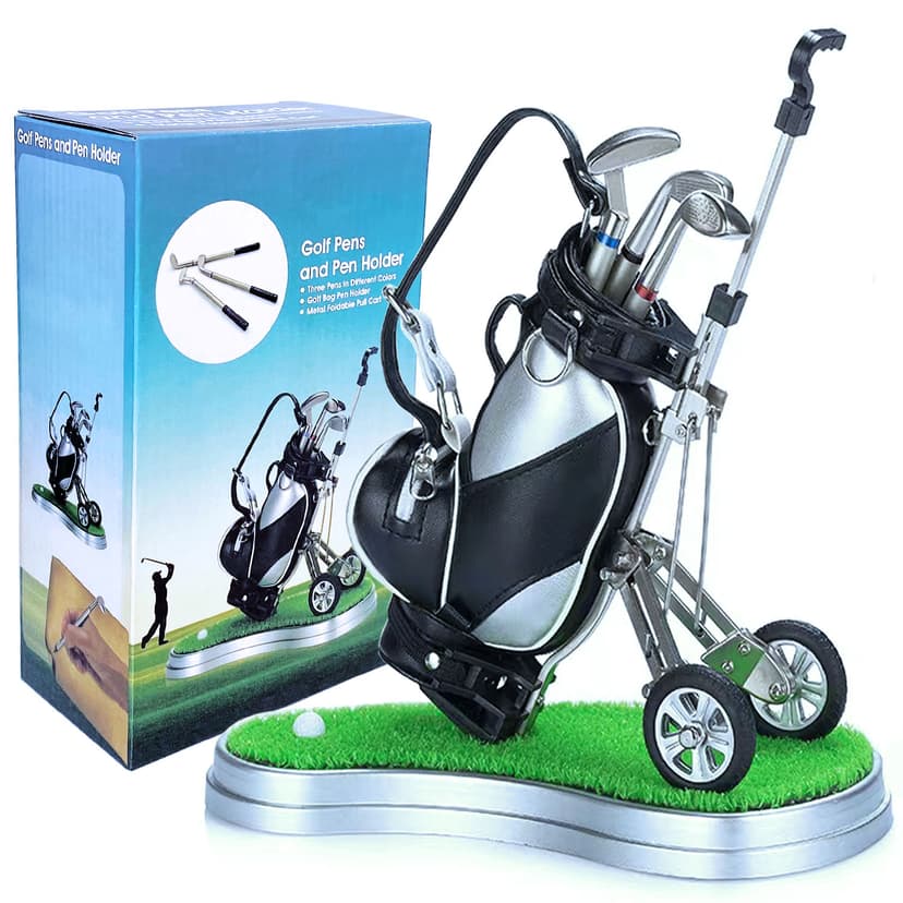 Golf Pen Holder with 3 Club Pens and Movable Golf Cart, Mini Golf Bag Desk Decor for Office, Funny Golf Gifts for Men, Dad, Boss - Stocking Stuffers for Golfers on Birthday, Christmas, Fathers Day
