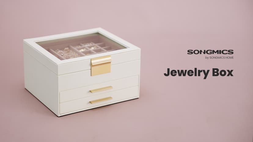 SONGMICS Jewelry Box Organizer with Glass Lid, 3-Layer Jewelry Storage, with 2 Drawers, Modern Style, Christmas Gift, 8 x 9.1 x 5.3 Inches, Cloud White and Gold Color UJBC239WT