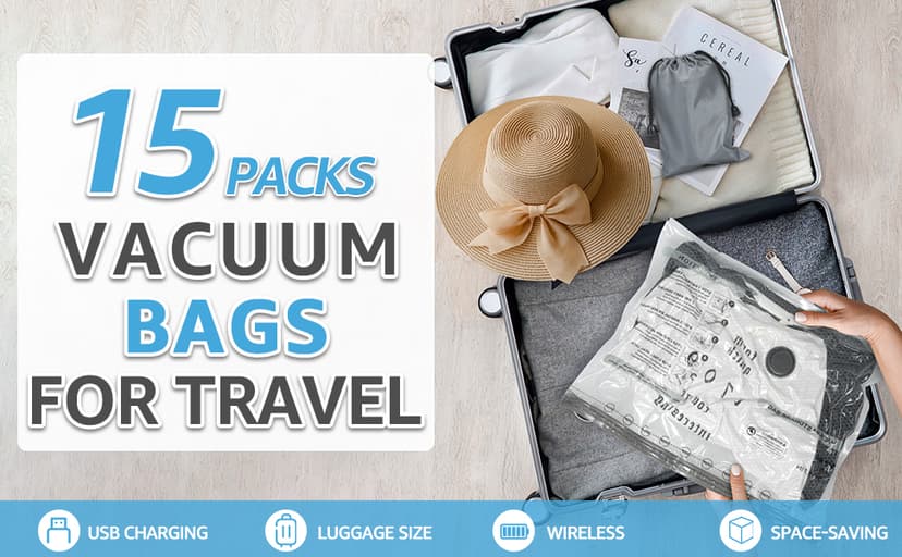 Vacuum Bags for Travel with Rechargeable Pump, 3 Sizes Vacuum Seal Bags for Clothing, Compression Vacuum Travel Bags for Luggage, Vacuum Packing Bags for Closet Organization (15 Combo Travel Size)